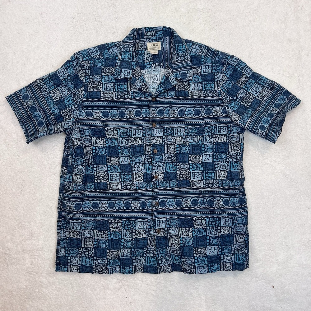 LL Bean Men's‎ Shirt Button Tropics Blue Short Sleeve Aztec Mayan Hawaiian Large